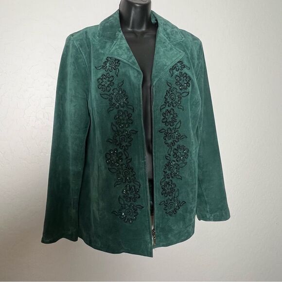 Vintage Suede Leather Green Beaded Black Blazer Single Breast Retro Rockabilly - Picture 3 of 12